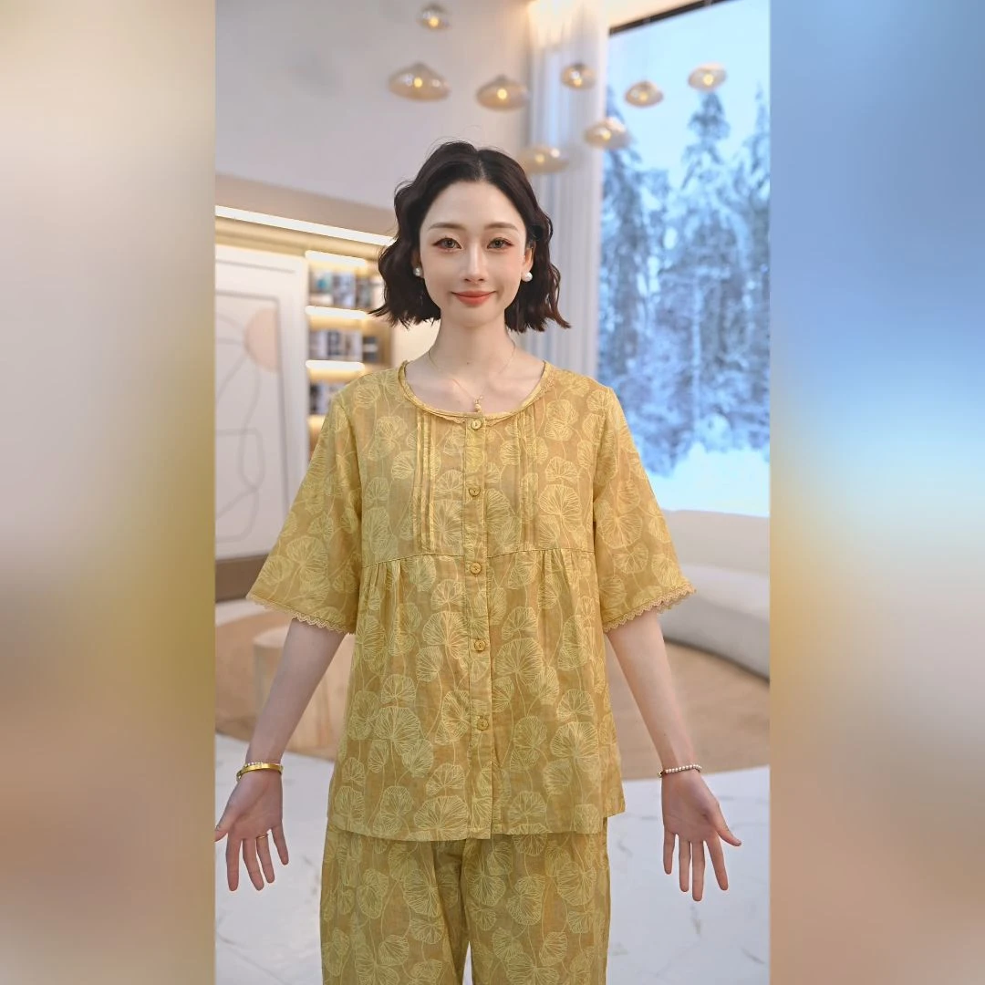 秋鹿双层纱数码印花圆领五分袖九分裤女套夏季时尚