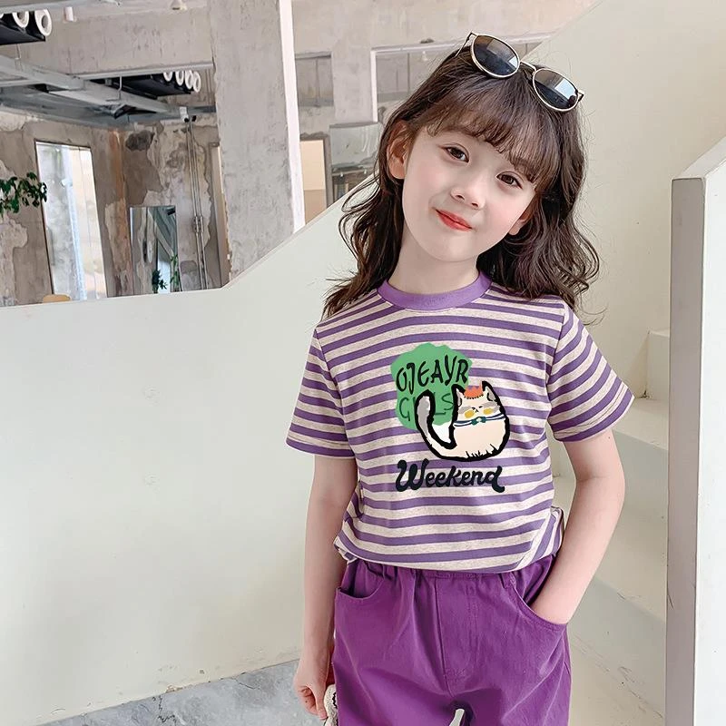纯棉儿童条纹短袖夏季新款弹力猫咪印花圆领T恤衫女宝宝正肩上衣