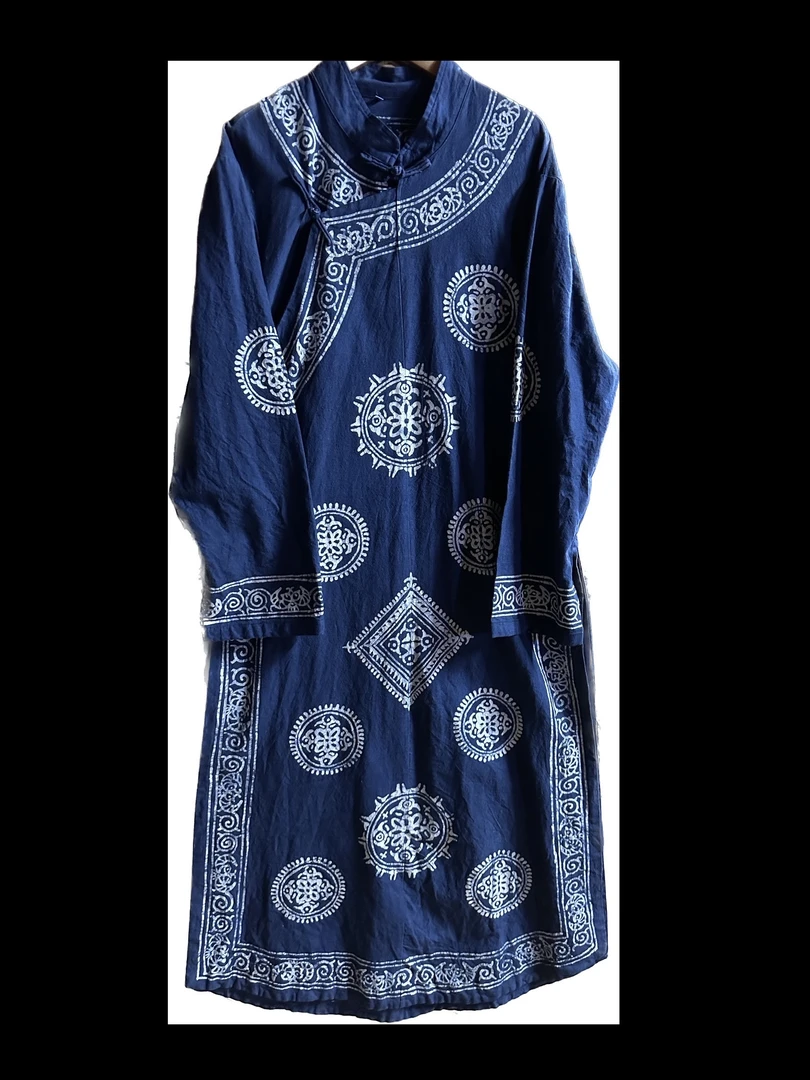 民族风手工蜡染长款风衣手工盘扣