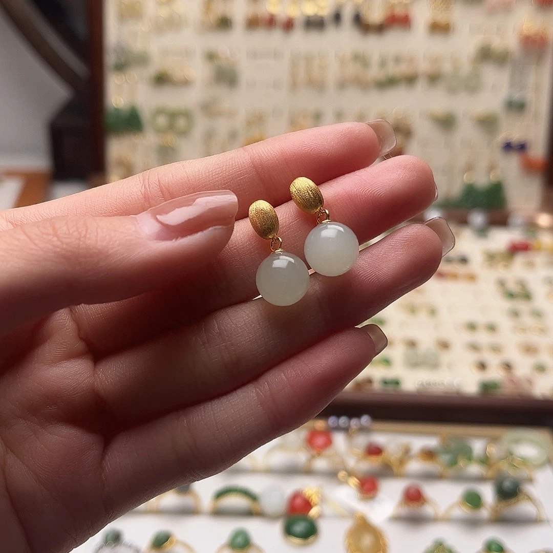 和田玉银S925镀金镶嵌耳饰