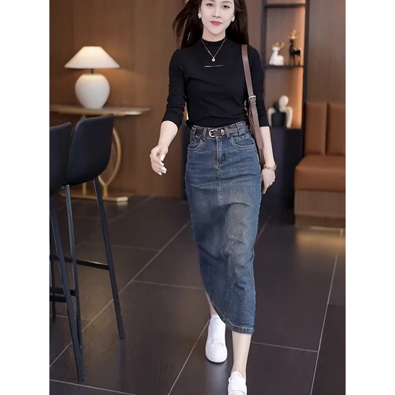 拉夏贝尔百搭牛仔半身裙女高腰2025夏季新款显瘦中长款时尚半身裙