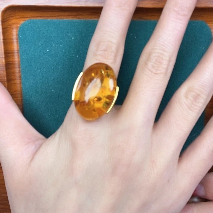 琥珀（花珀）戒指银S925镶嵌戒指