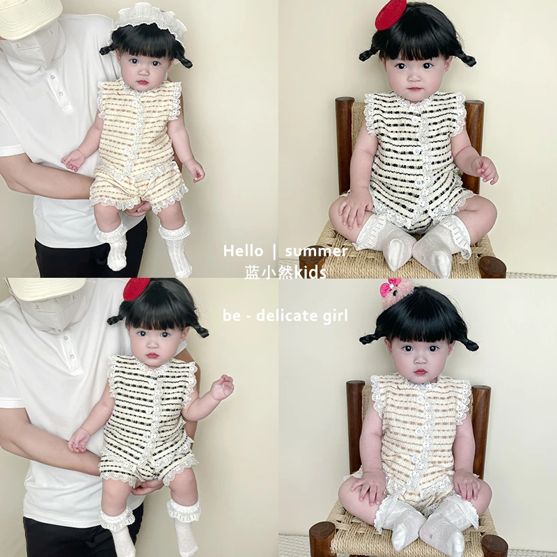 K25X156儿童女宝宝韩版时尚夏季薄款蕾丝花边高级套装婴儿无袖