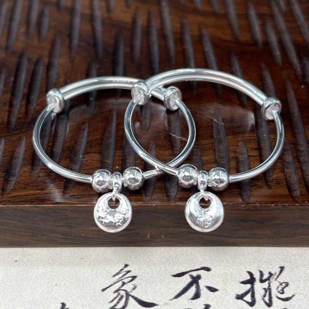 足银银制品 【北野珠宝】足银999.9光珠胖福推拉童镯-B123H-185