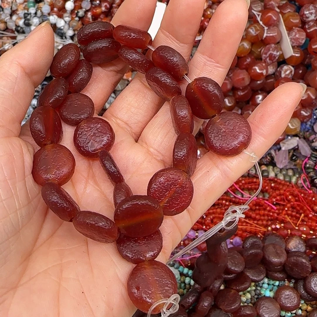 玛瑙/玉髓合金珠宝半成品橘皮玛瑙圆饼14mm一条