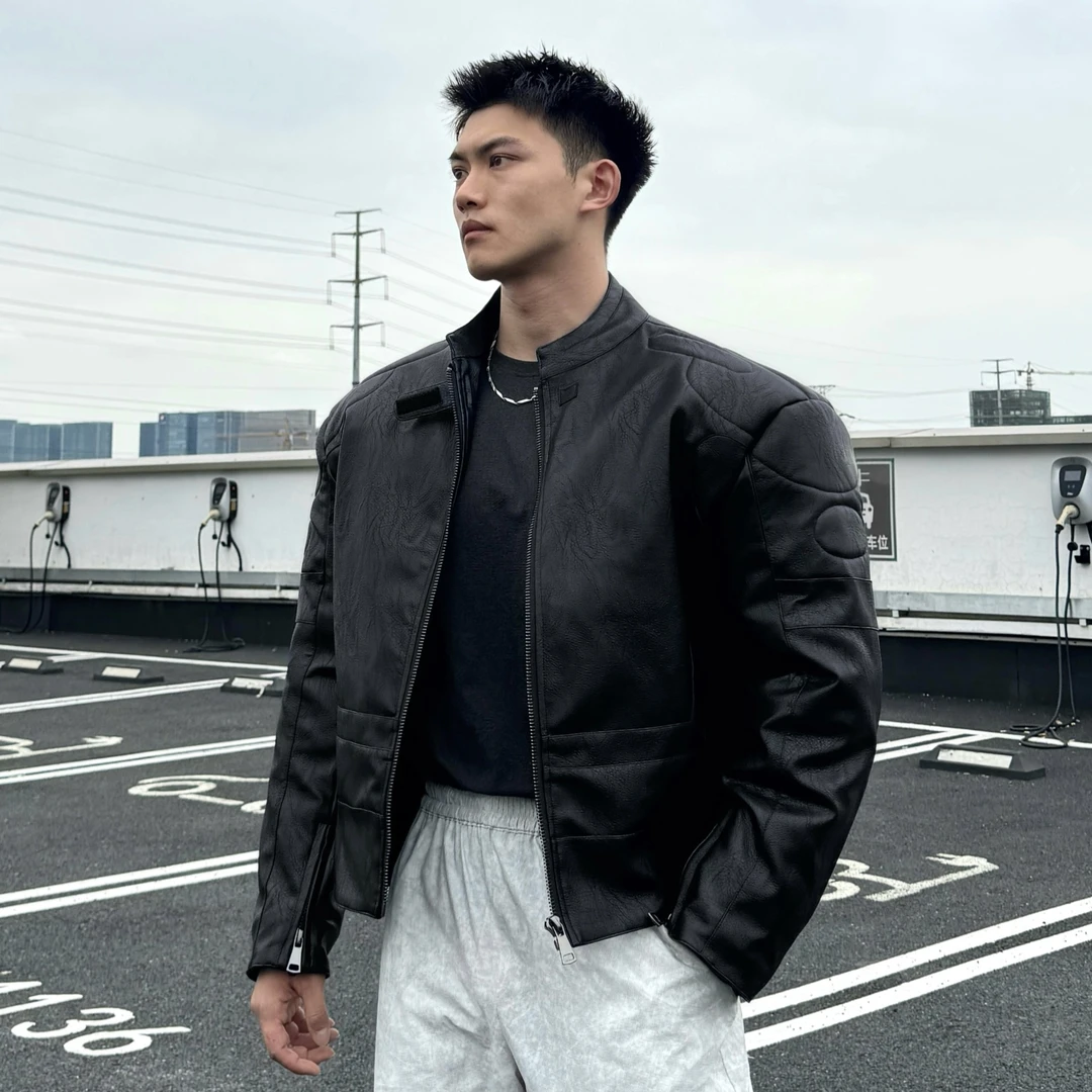 美式重工立体廓型机车夹克皮衣棉服潮流复古男士短款