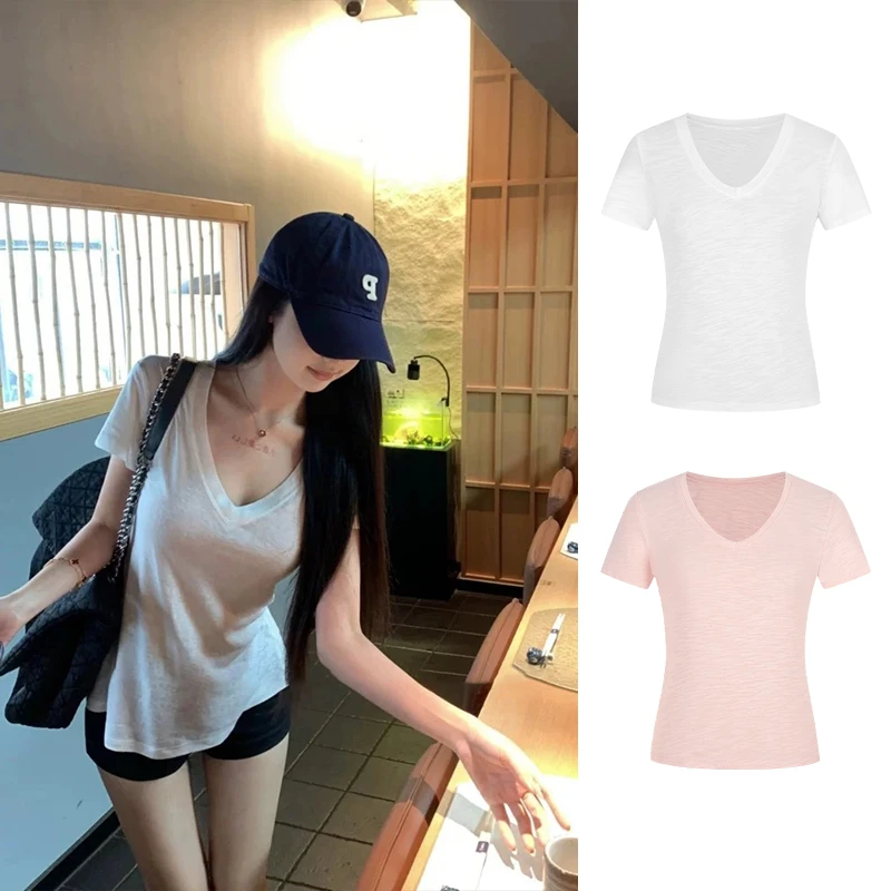 Moses Queen/魔西女王纯棉白色V领短袖t恤女夏季宽松百搭透气上衣