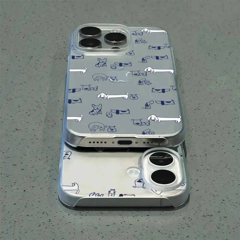 无边框蓝色腊肠狗适用苹果16promax半包iPhone15透明14简约13硬壳
