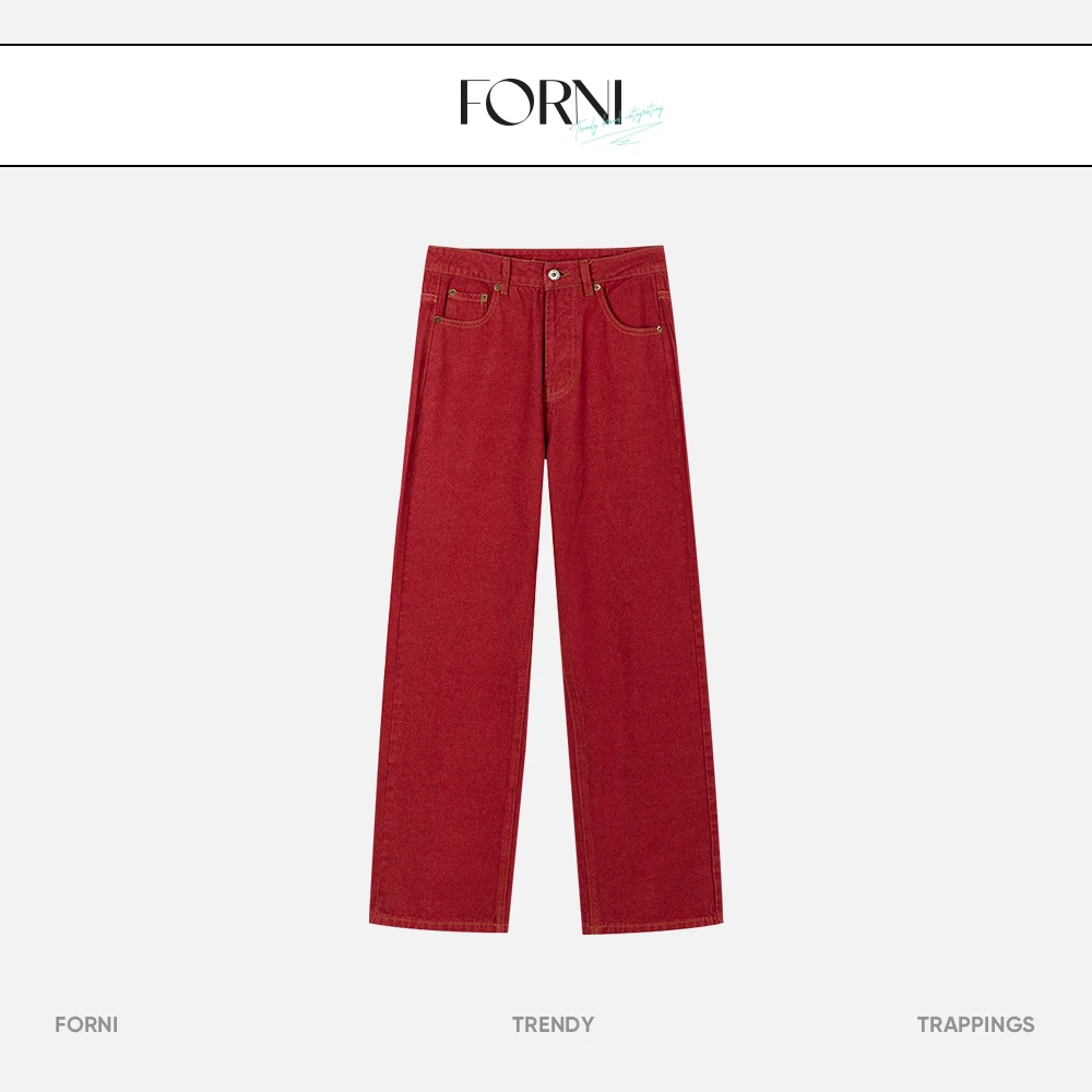 FORNI x YOYO vibe美式 红色直筒牛仔裤时尚宽松百搭休闲裤秋冬