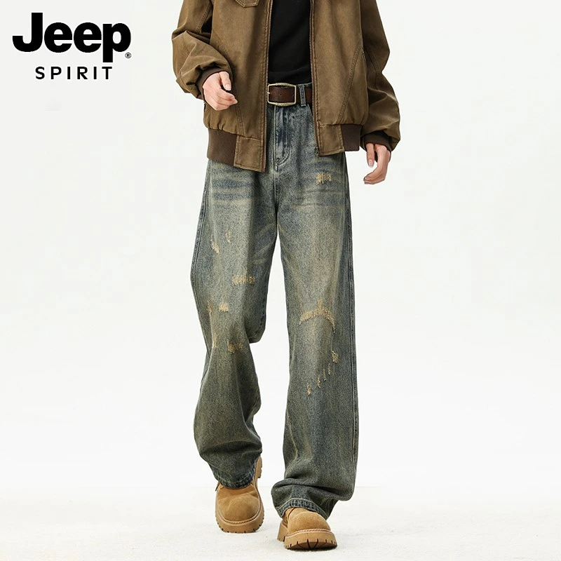 JEEPSPIRIT美式水洗牛仔男秋潮牌复古宽松直筒裤vibe百搭休闲长裤