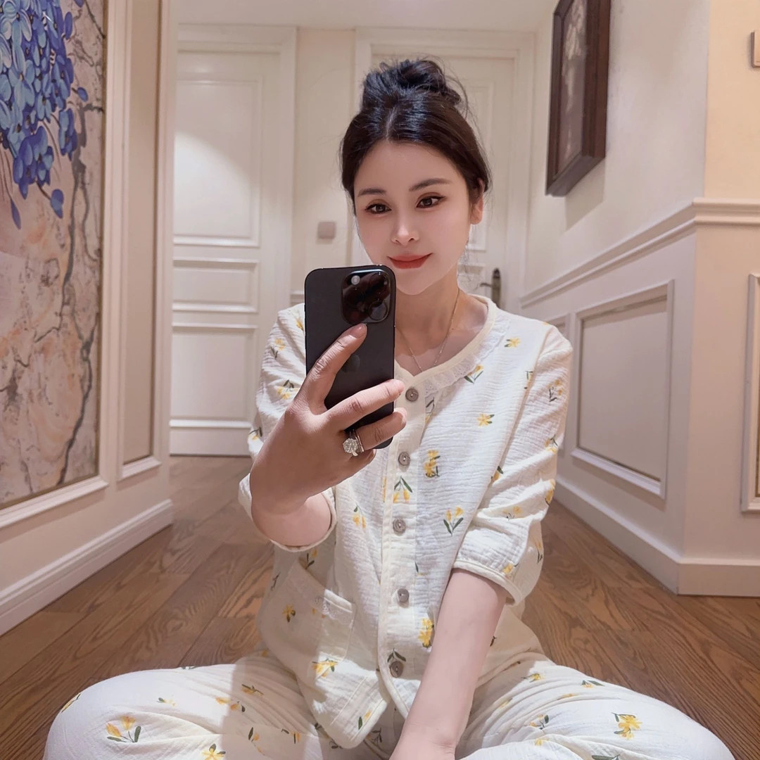 2025升级版七分袖睡衣家居服套装加密纯棉全棉母婴级双层棉纱