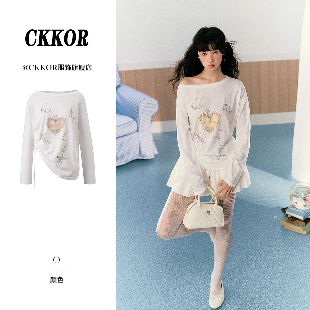 CKKOR白色印花时尚长袖女T恤夏季慵懒风防晒罩衫百搭宽松显瘦上衣