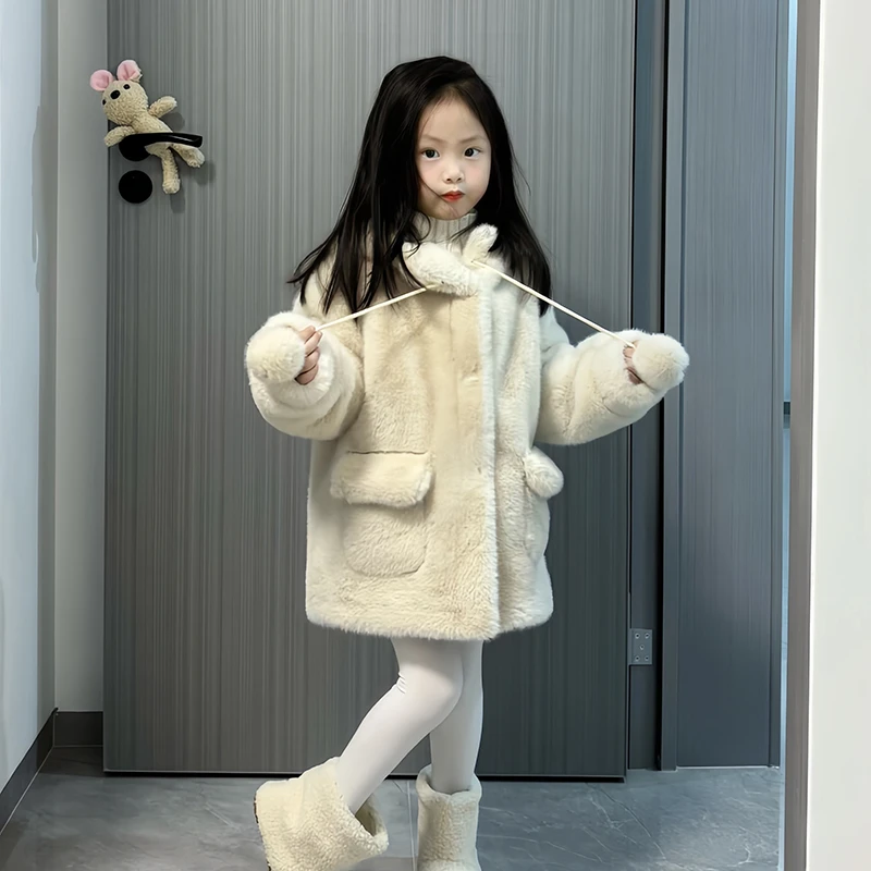 秋冬女童仿皮草外套连帽中长款仿水貂皮毛一体熊耳朵儿童毛毛大衣