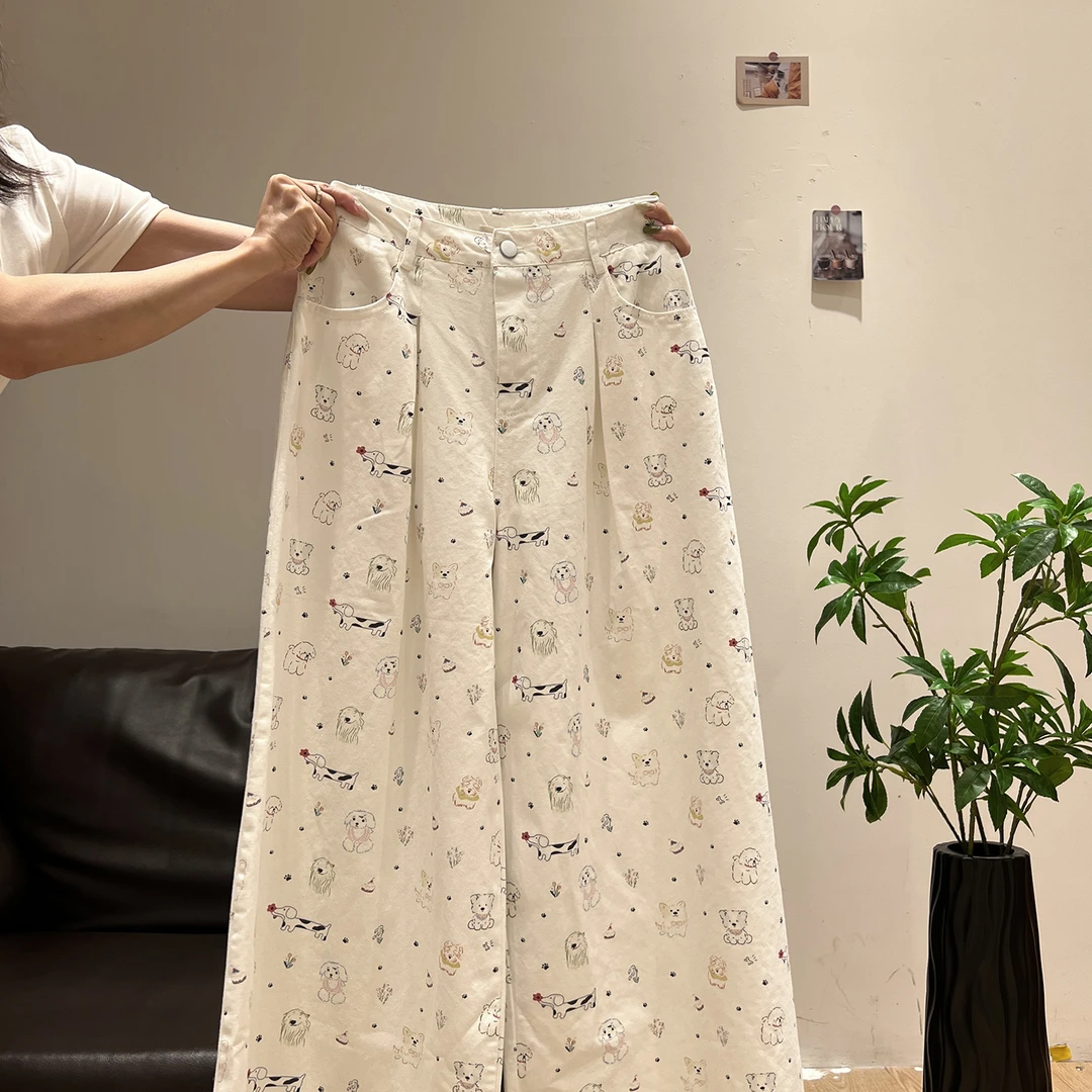 白色可爱动物印花宽松休闲百搭长裤女2025秋季新款韩版高腰阔腿裤