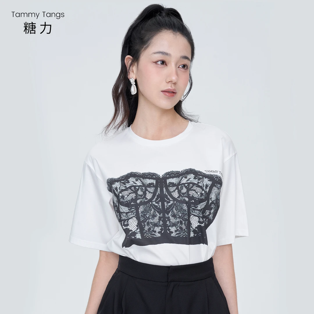 糖力夏季短袖显瘦宽松打底衫蕾丝胸杯印花T恤