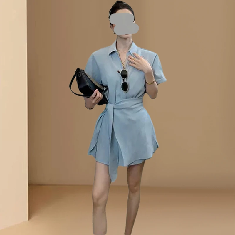 设计感绑带收腰显瘦衬衫连衣裙高腰短裤两件套女夏季时尚休闲套装