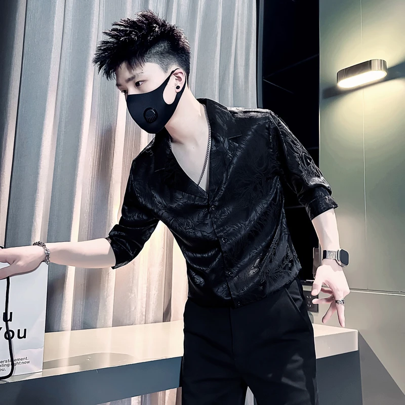 潮牌提花男士衬衫夏季2025新款痞帅翻领半袖冰丝衬衣痞帅短袖男装