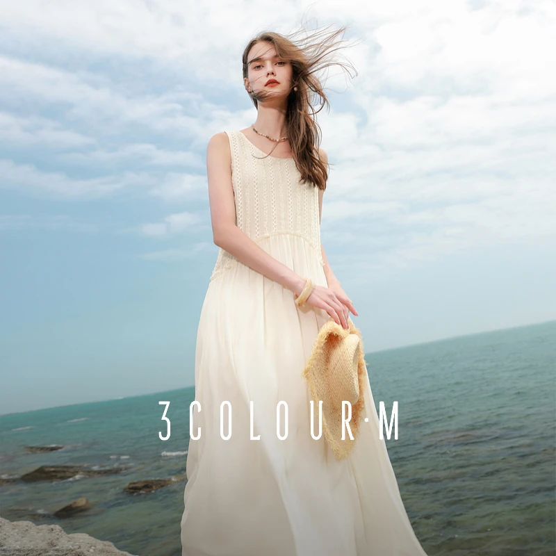 三彩2025夏秋季新款无袖连衣裙盘带绣花雪纺A字裙背心长裙淡人女M