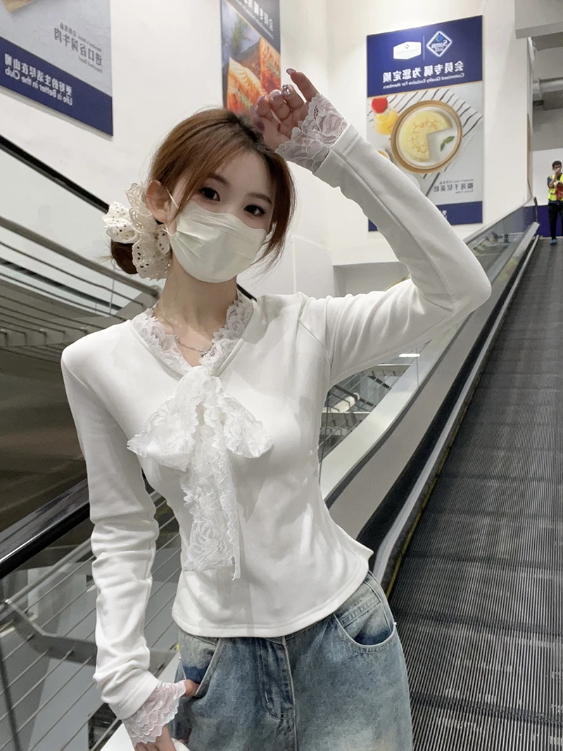 2025秋冬新款胖mm大码女甜美别致蕾丝拼接修身长袖打底衫33393