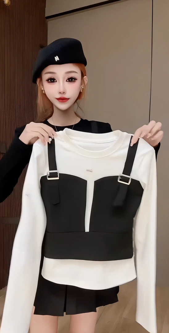 条纹拼接圆领宽松型V领女款长袖户外休闲风假两件T恤