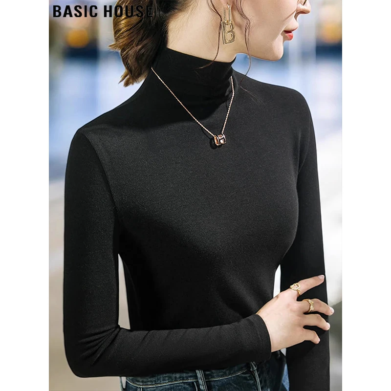 Basic House/百家好黑色半高领打底衫女早秋弹力长袖T恤内搭上衣