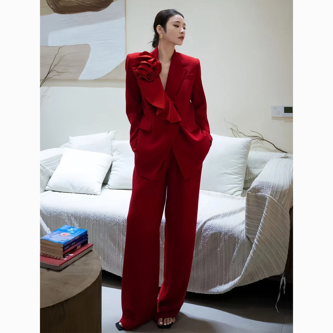 ZEROYK高端轻奢职业女装设计感女神气质立体花朵西装阔腿裤两件套