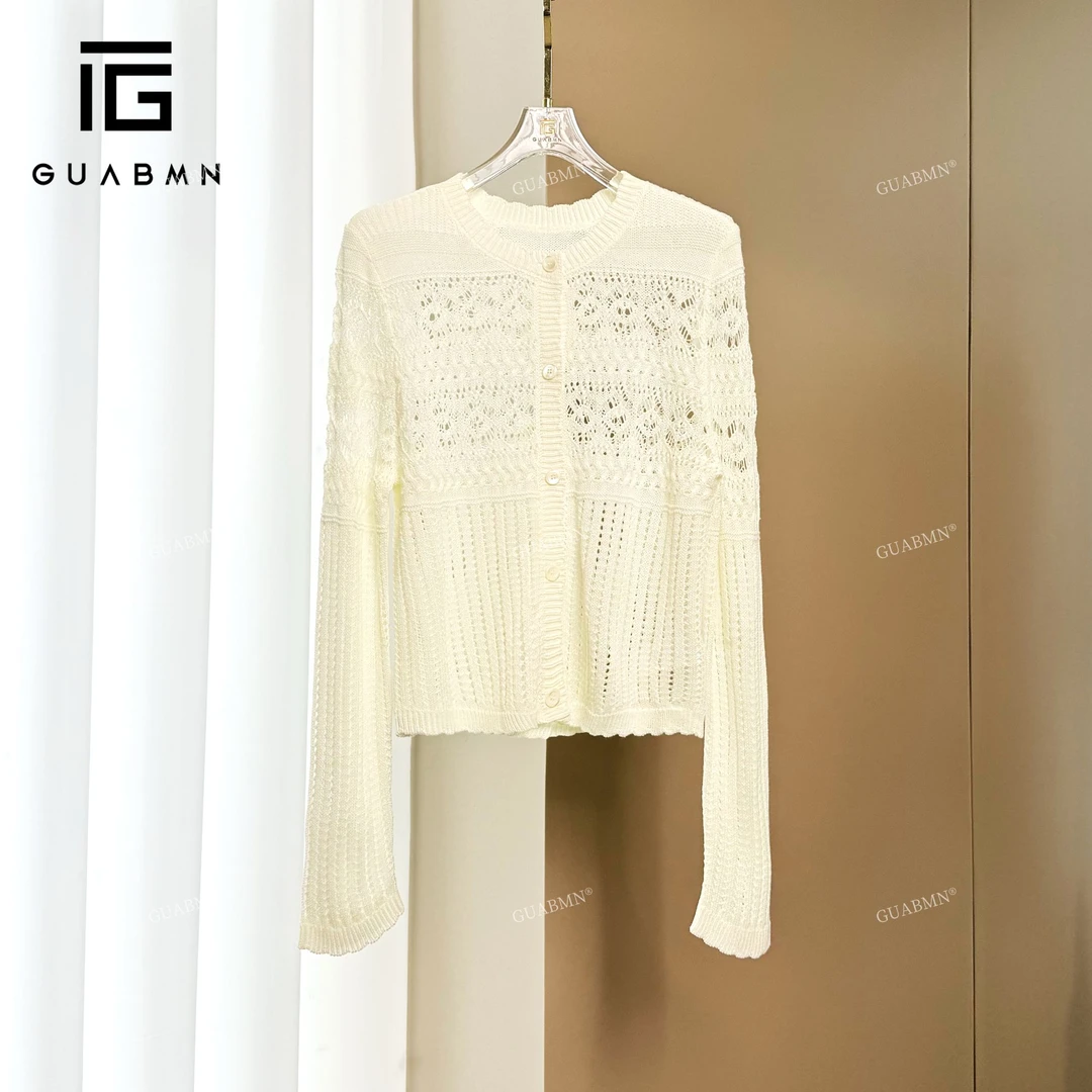 GUABMN2025春季新款法式休闲镂空长袖罩衫针织开衫3881