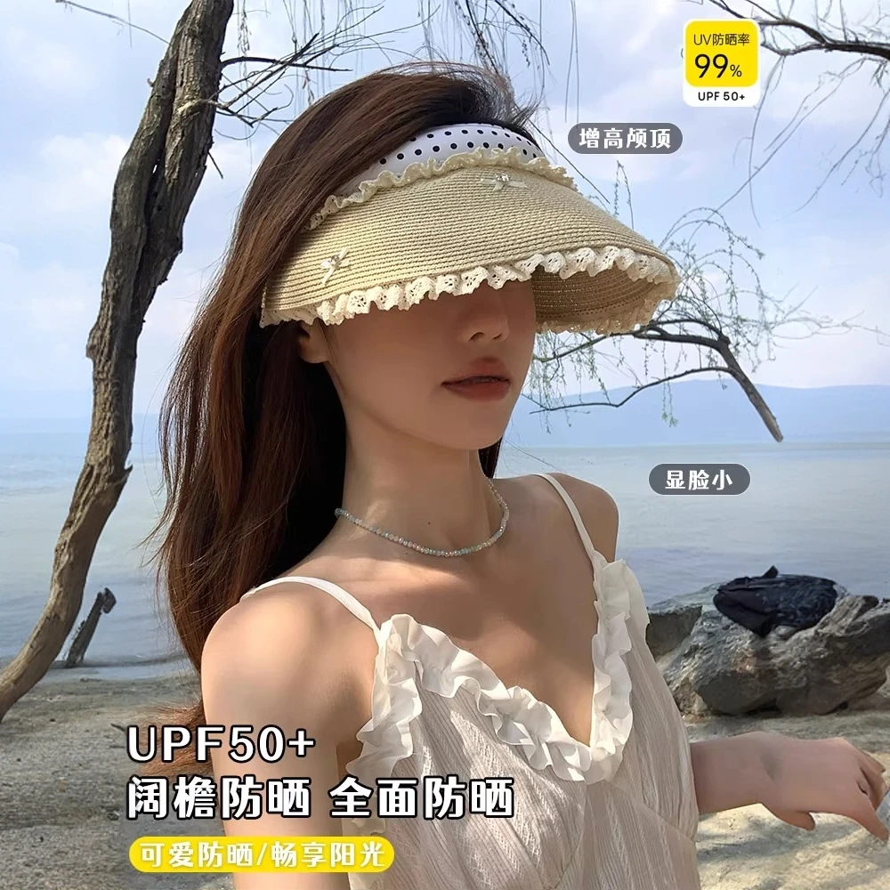 蕾丝花边蝴蝶结空顶帽女夏季新款大帽檐甜美海边度假沙滩防晒帽子