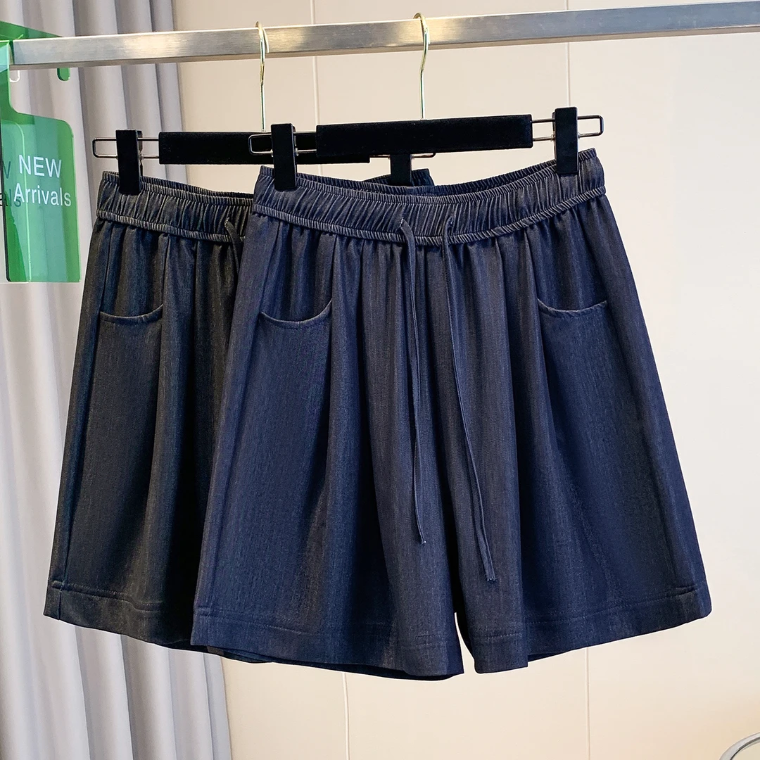 夏季新款超薄冰丝五分牛仔裤女胖妹妹松紧腰宽松休闲直筒阔腿短裤