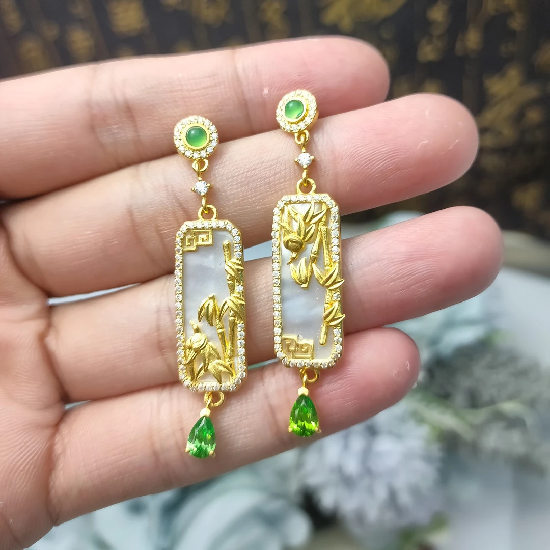 足金999镶嵌竹节耳饰