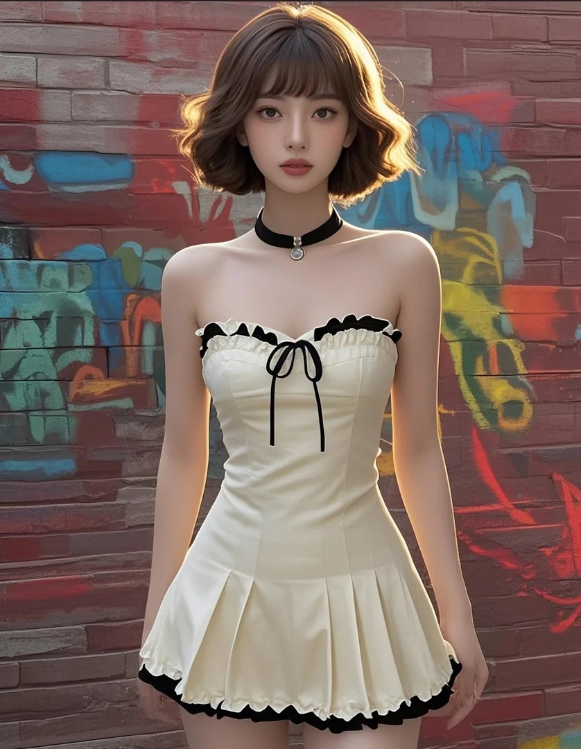 【甜星】法式气质名媛抹胸连衣裙女夏季新款设计感小众木耳边短裙子