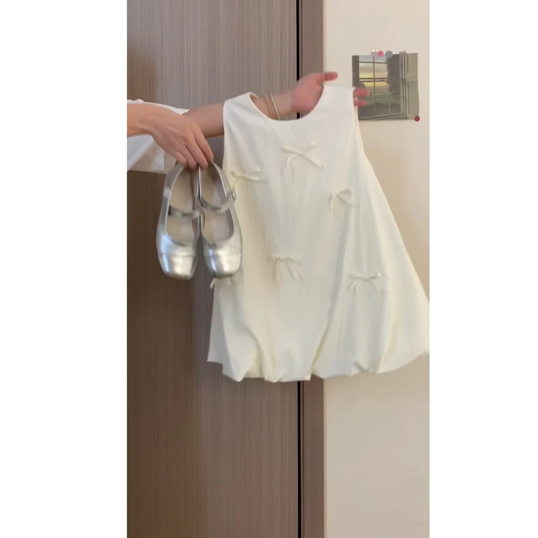 韩系俏皮米白色吊带背心女夏季新款高级感立体蝴蝶结拼接无袖上衣