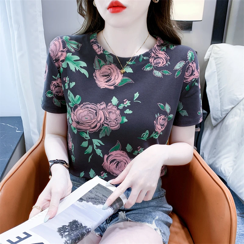 时尚花朵印花棉质短袖T恤女夏季新款宽松显瘦百搭设计感小众上衣