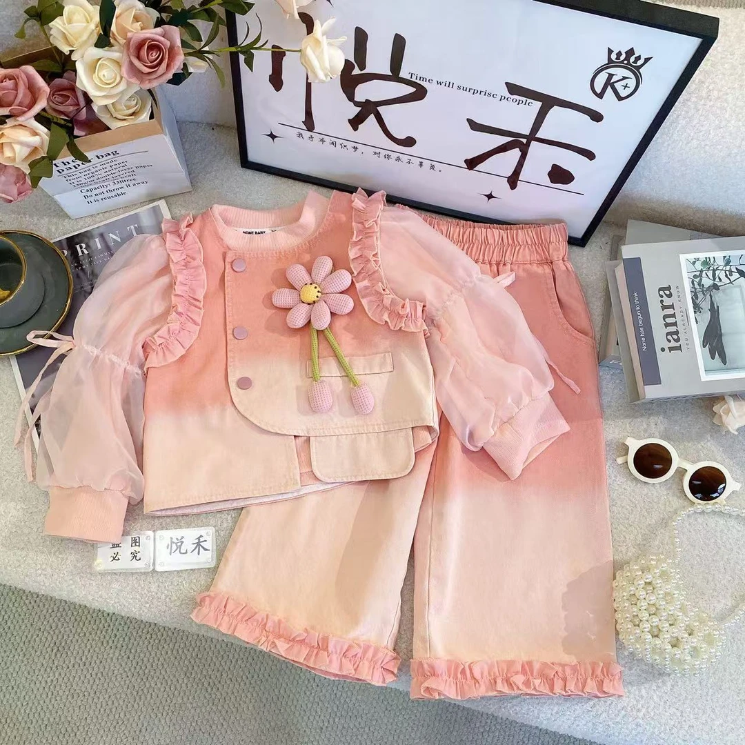 YH【悦禾】秋款上新粉色甜美公主风秋季长袖女童时尚休闲套装7516