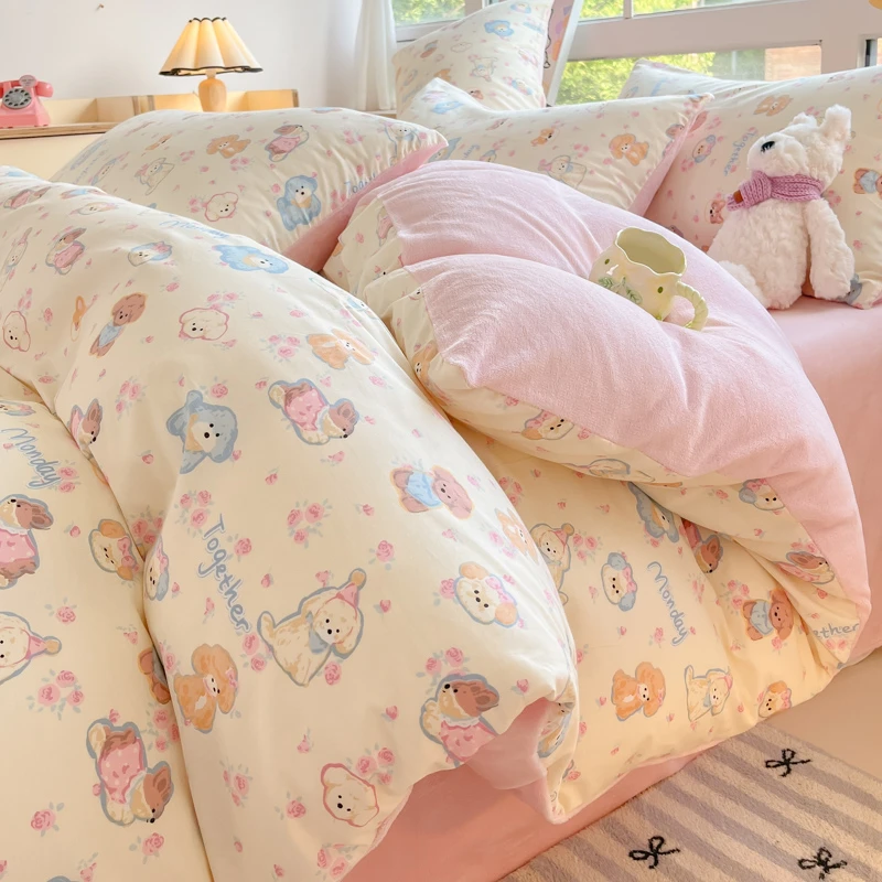 A面100纯棉B面牛奶绒四件套小清新少女心加大中号四件套棉加绒