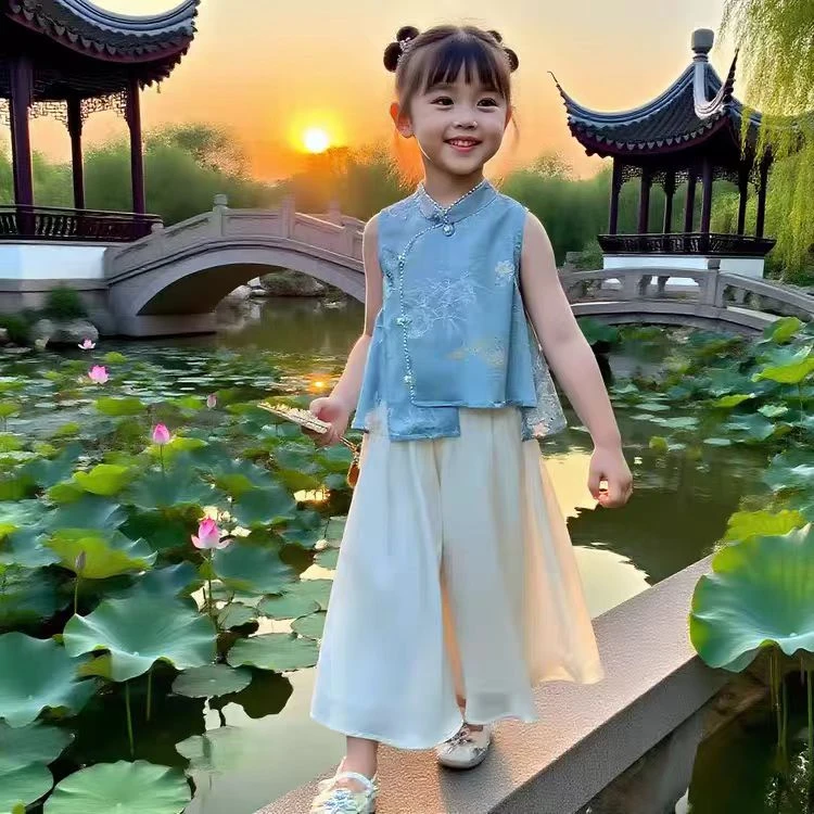 女童新中式国风套装夏装2025新款小女孩缎面提花上衣阔腿裤两件套
