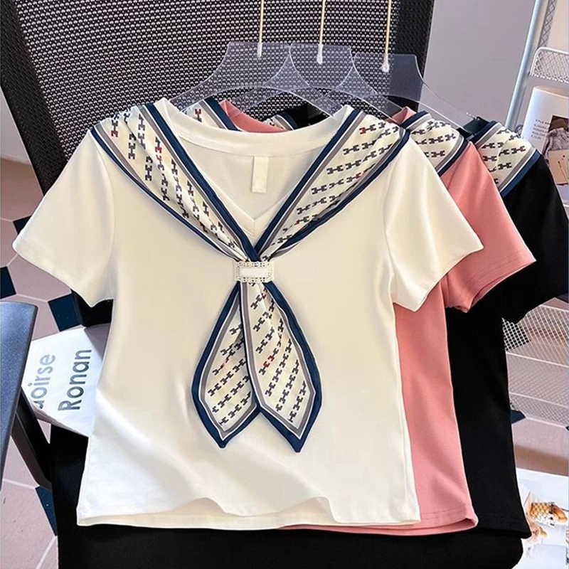 大码胖mm气质名媛v领正肩丝巾设计感休闲百搭短袖t恤女上衣ins潮