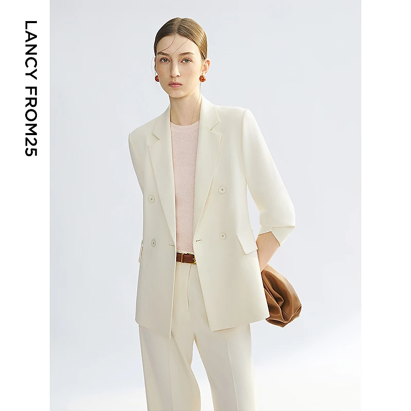 朗姿2025夏季新款通勤风六分袖白色西装外套女商务休闲中长款西服