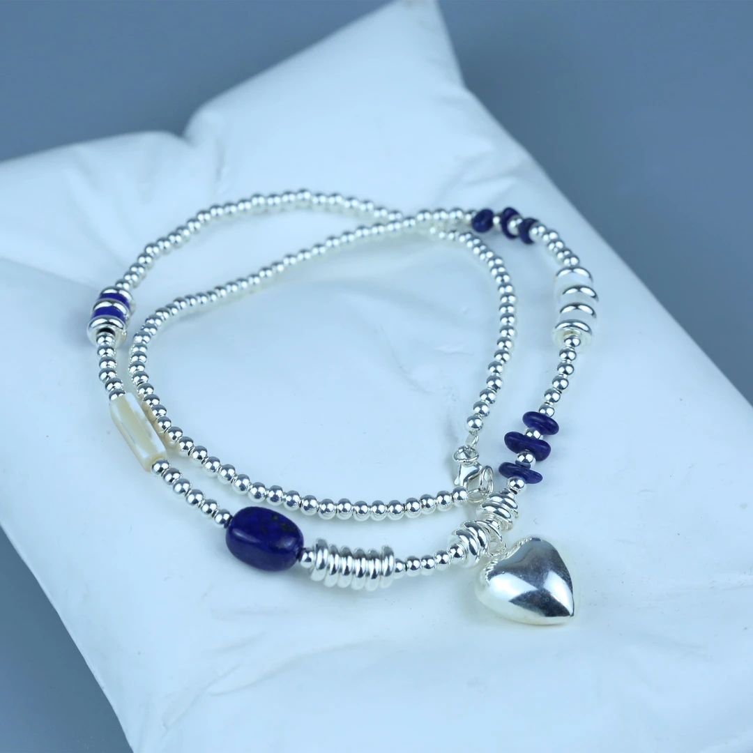 坠链均925银 民族风蓝色爱心锁骨链项链