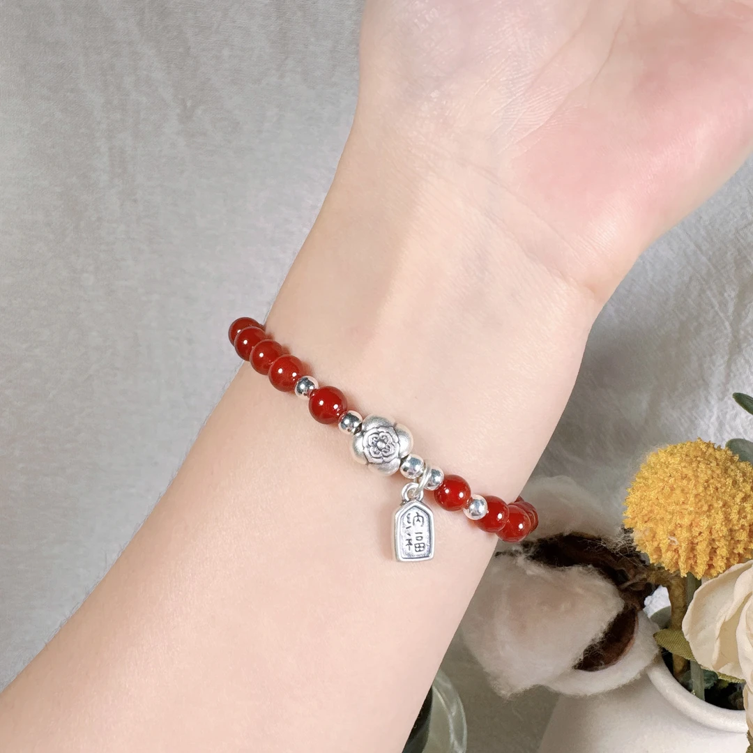 【心想柿成】999足银红玛瑙手串弹力绳复古新中式风百搭手饰
