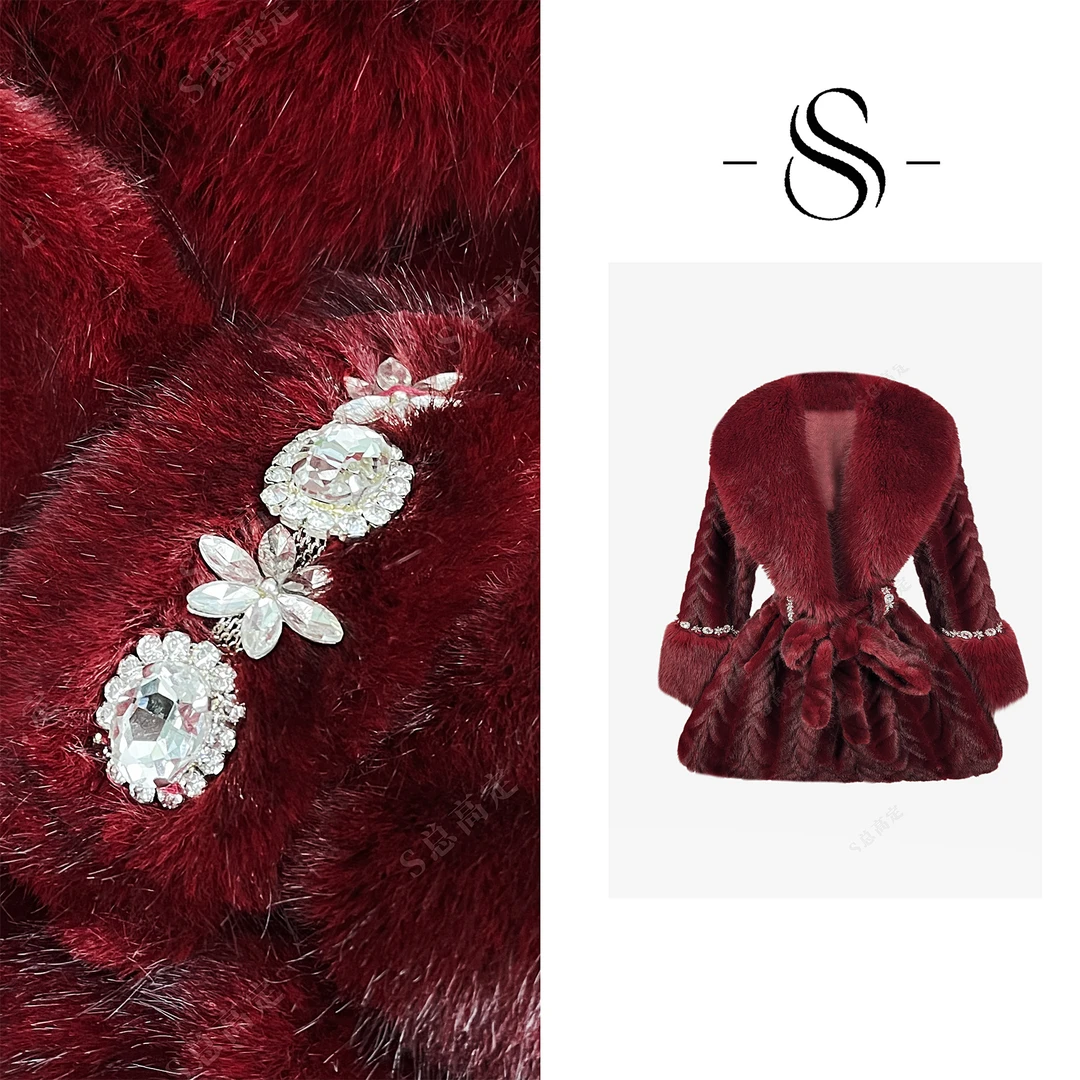 【妮妮】冬季欧式新款酒红色波浪压纹贵气显白百搭短外套D0435