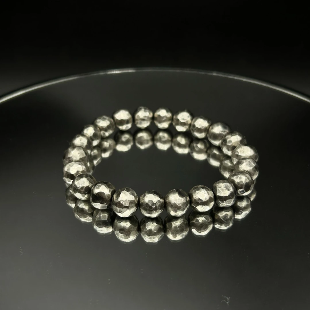 足银银制品 足银999 纯手工古法锤纹银珠手串时尚做旧简约风