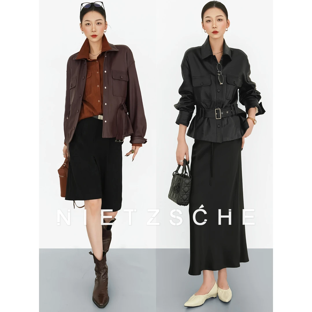 尼采 官方直营|宋佳同款|土耳其1oo%进口绵羊皮极简腰带皮衣90199