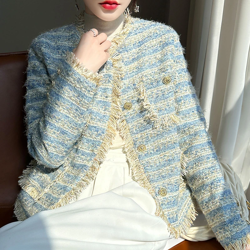 圆领秋冬新款女士长袖外套气质圆领上衣法式小香风流苏短款女外套