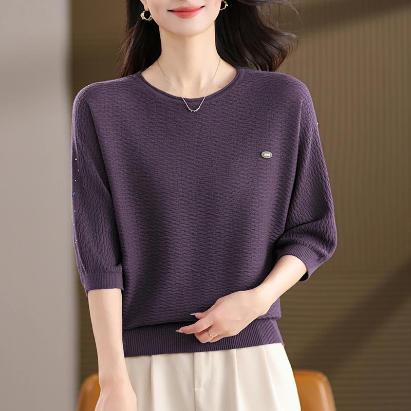 中老年女装中袖上衣女七分袖高端t恤中年妈妈蝙蝠袖针织毛衣气质
