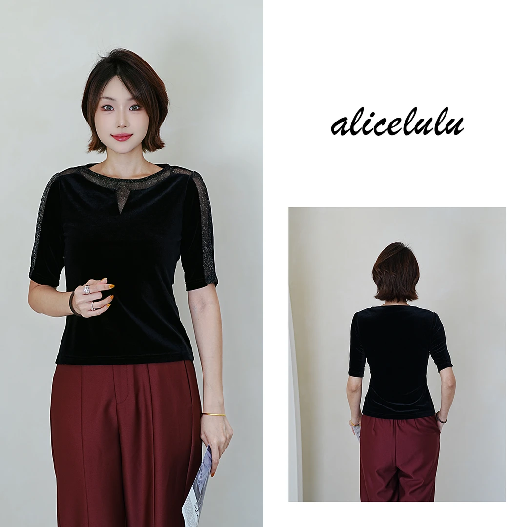 [alicelulu]圆领修身时尚显瘦重工细闪衬衫上衣S2143863L