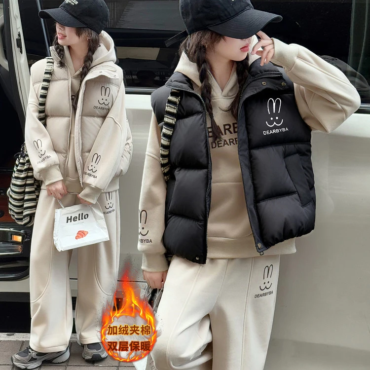 女童秋冬套装新款韩版洋气时髦冬季男女孩休闲加绒加厚卫衣三件套