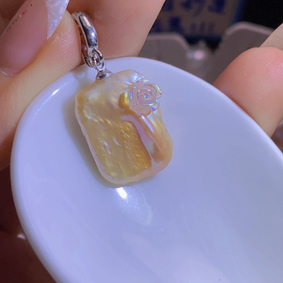 银S925镶嵌淡水珍珠天然珍珠无染色，无优化