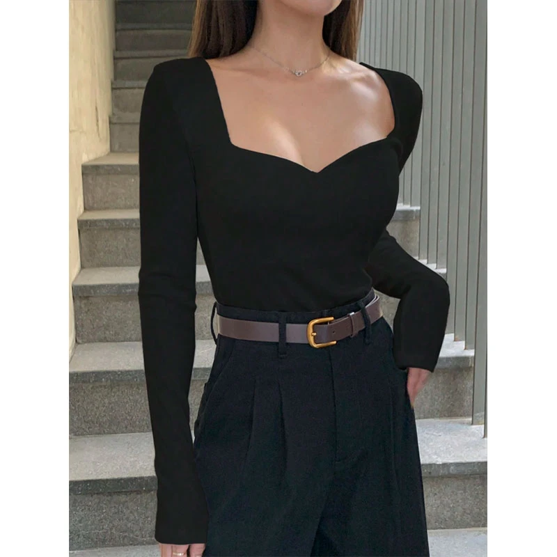 黑色辣妹方领长袖t恤女洋气内搭打底衫秋季新款美式修身短款上衣