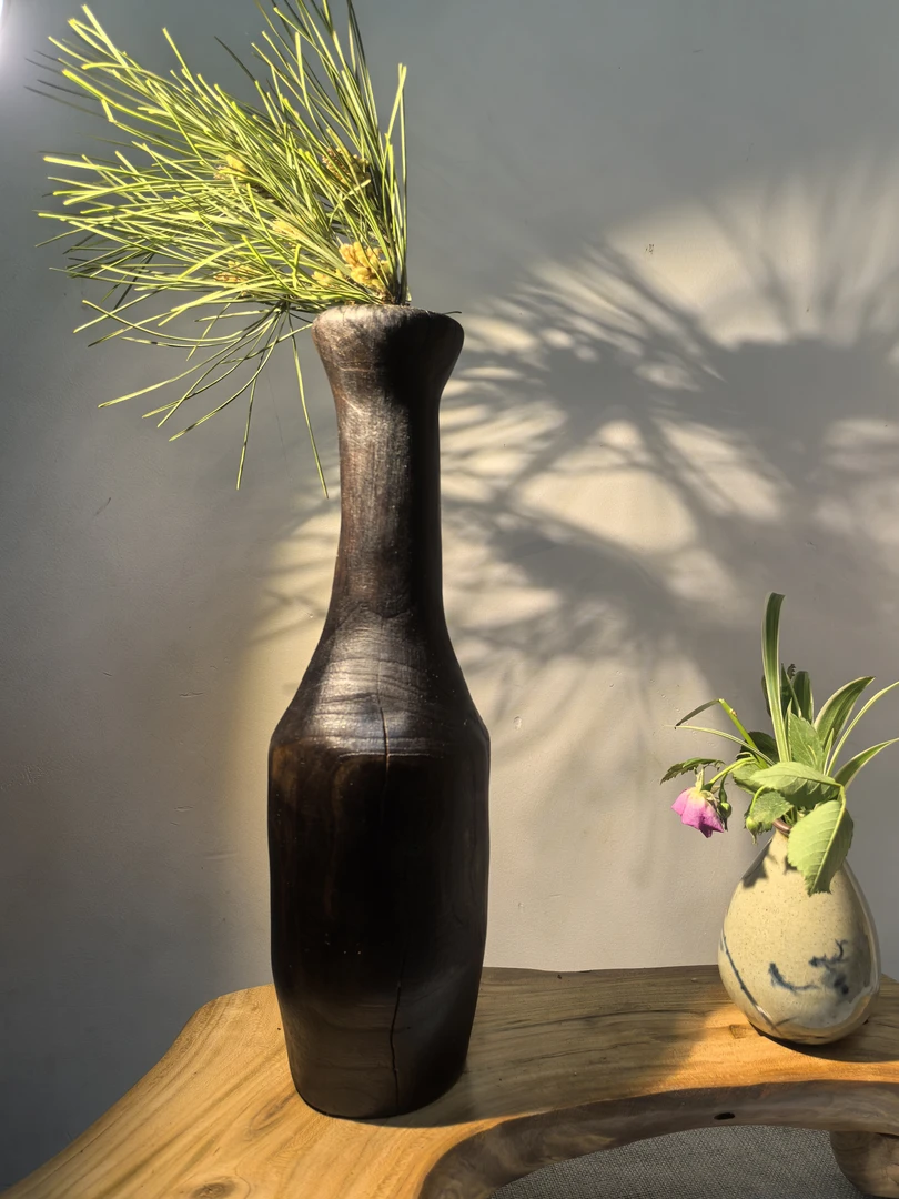 抽象随形原木艺术摆件，侘寂风碳化花器，客厅玄关家居装饰品